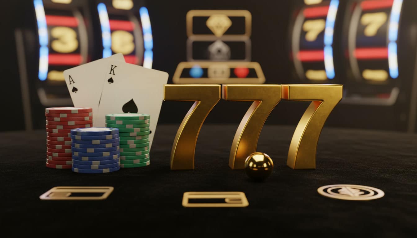 Golden 777 jackpot symbols with Ace and King of Spades, surrounded by colorful poker chips and slot machines in a vibrant casino setting.
